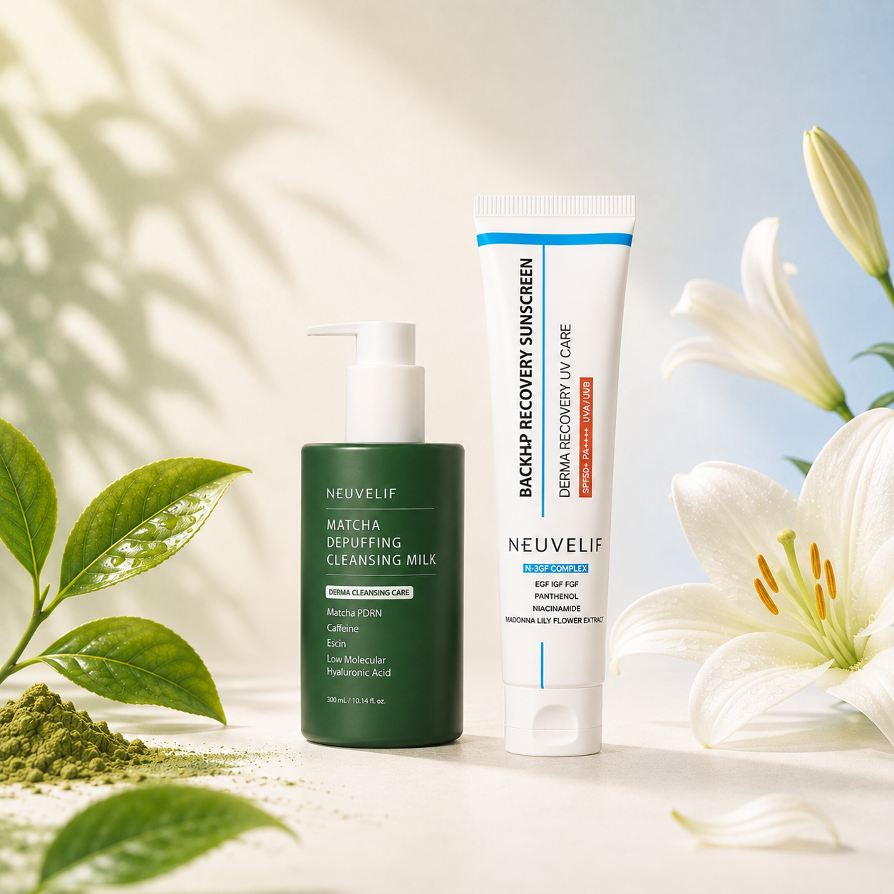 [PDRN + EGF 더마케어] 뉴베리프 진정 붓기완화 모닝 더마 루틴 세트 2종, 300ml + 75ml, 클렌징 밀크 + 선크림 SPF 50+ - 상품 이미지
