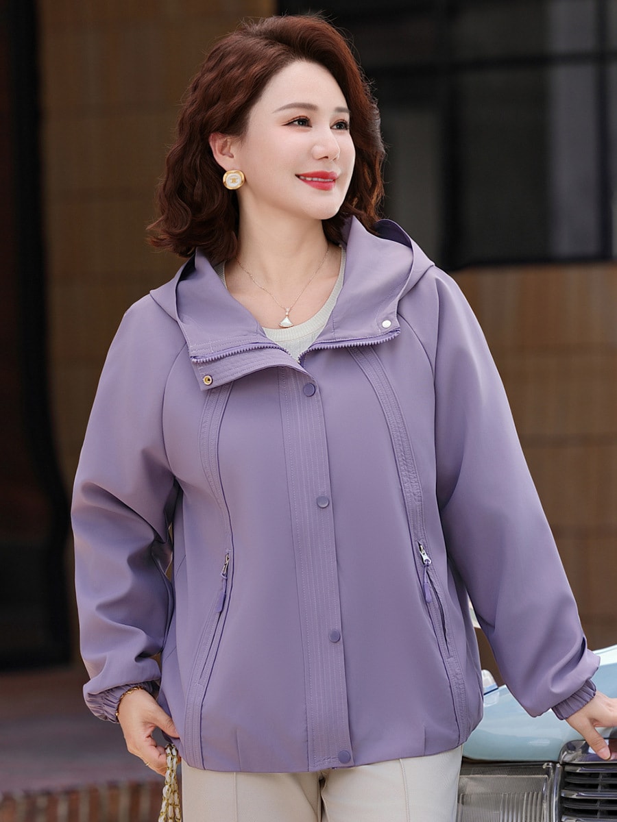 중년 여성 봄가을 후드 자켓 빅사이즈 캐주얼 점퍼 엄마옷 와인색, 2XL - 상세 이미지 2