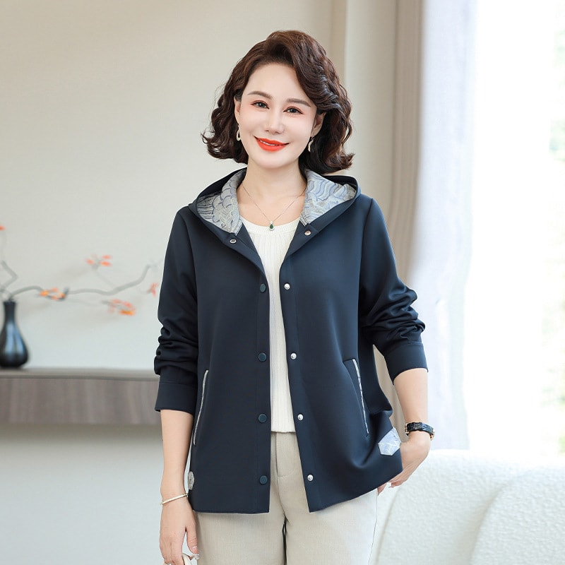 중년 여성 봄가을 캐주얼 후드 점퍼 빅사이즈 엄마 자켓 네이비, 2XL - 상품 이미지