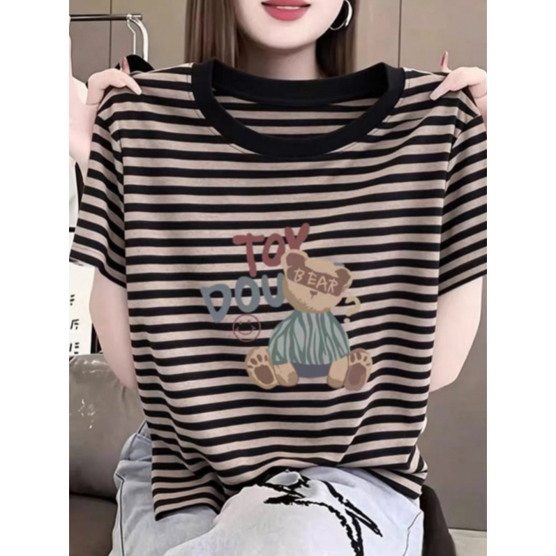 여성 스트라이프 반팔 티셔츠 줄무늬 프린팅 라운드넥 순면 데일리 상의 그린 S - 상세 이미지 4