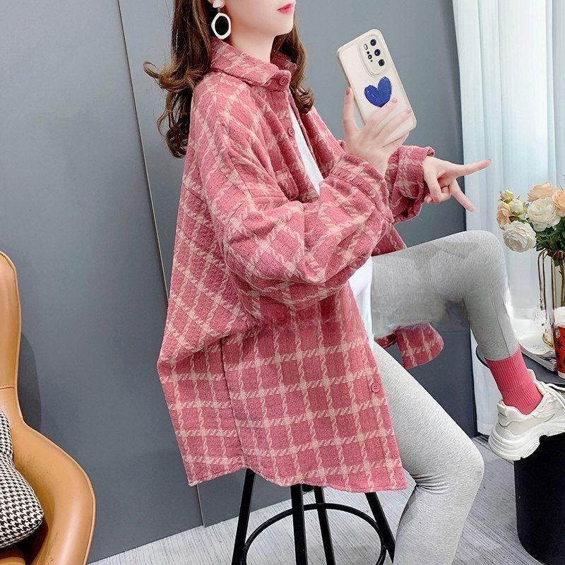 여성 빅사이즈 체크 셔츠 루즈핏 남방 아우터 데일리 캐주얼 - 상세 이미지 3