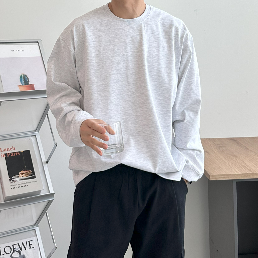남자 긴팔티 오버핏 흰색 절개 무지 시보리 티셔츠 남성 맨투맨 - 상세 이미지 5