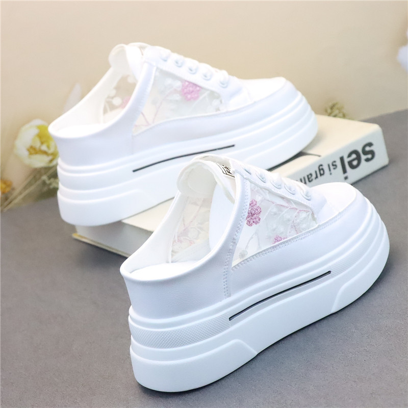 8cm 키높이 운동화 뮬 블로퍼 자수 메쉬 가죽 슬리퍼 백리스 샌들 - 상품 이미지
