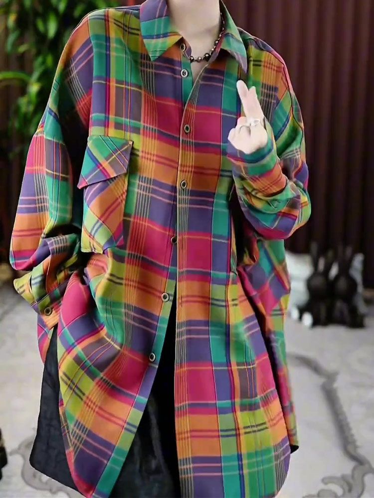 여성 빅사이즈 체크 셔츠 가을 긴팔 루즈핏 빈티지 남방 - 상세 이미지 2