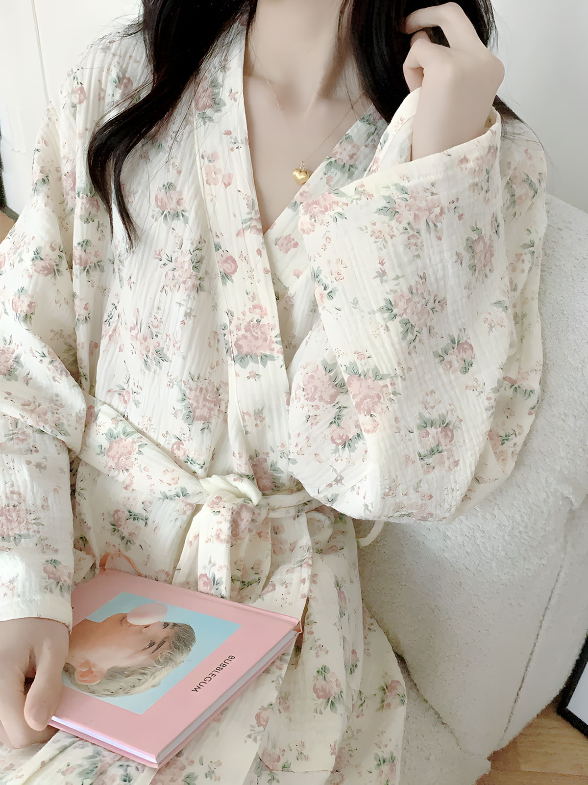요루면 로브잠옷 빅사이즈 샤워가운 앤틱플로럴 나이트 거즈면 임부복 이미지 7