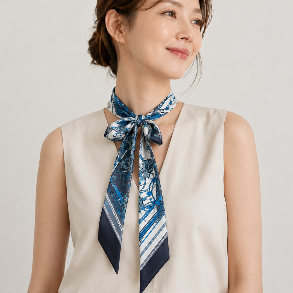 카운티오브밀란 실크100 여성 롱 방도 스카프 15X150 네이비(NAVY) - 상세 이미지 3