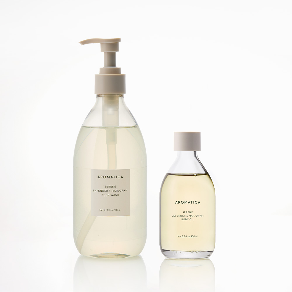 아로마티카 서렌 라벤더 & 마조람 바디워시 500ML + 바디오일 100ML 2종 세트 (리넨 샤워타올 증정) - 메인 이미지