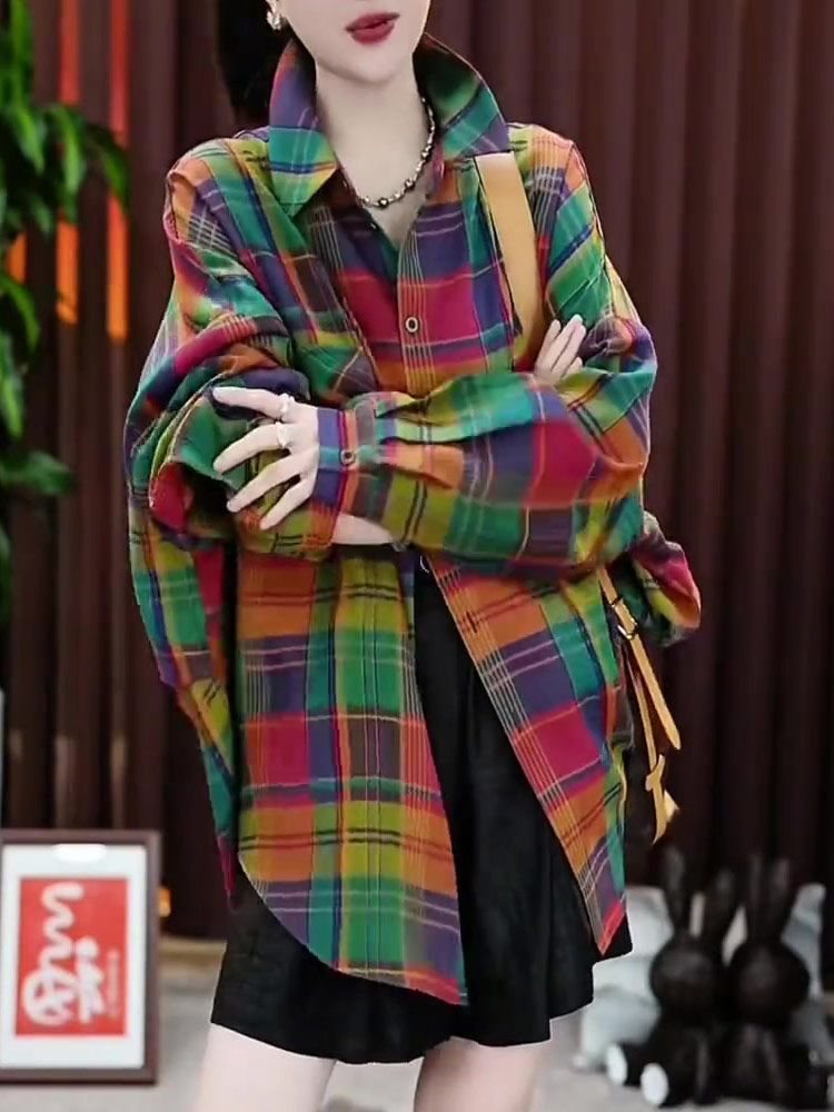 여성 빅사이즈 체크 셔츠 가을 긴팔 루즈핏 빈티지 남방 - 상세 이미지 3