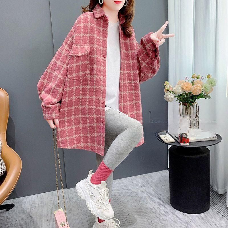 여성 빅사이즈 체크 셔츠 루즈핏 남방 아우터 데일리 캐주얼 - 상세 이미지 4