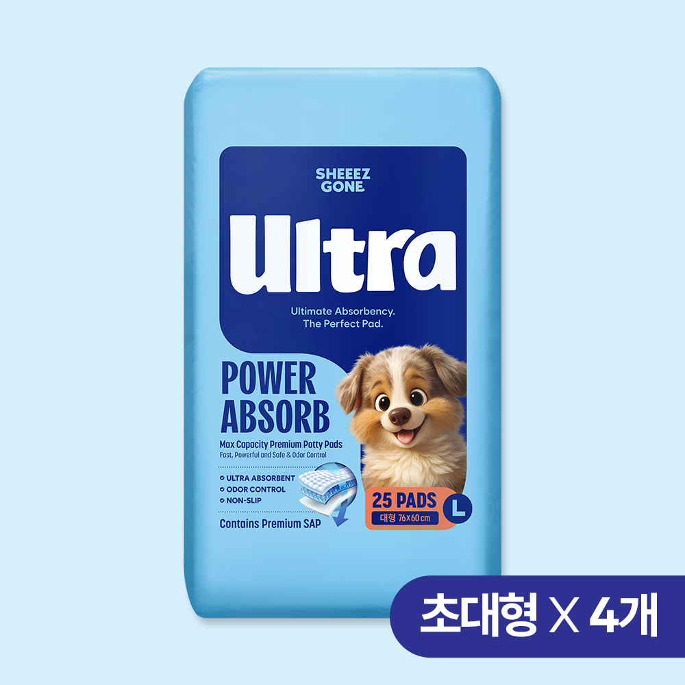 쉬즈곤 강아지 울트라패드 프리미엄 논슬립 고흡수 배변패드 대형, 25매입, 4개