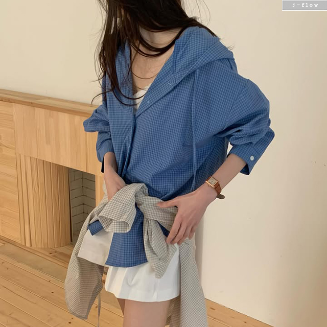 코머스 잔체크 오버핏 후드넥 셔츠 3col 봄 여름 아우터 루즈핏 블라우스 버튼 제이플로우 이미지 6