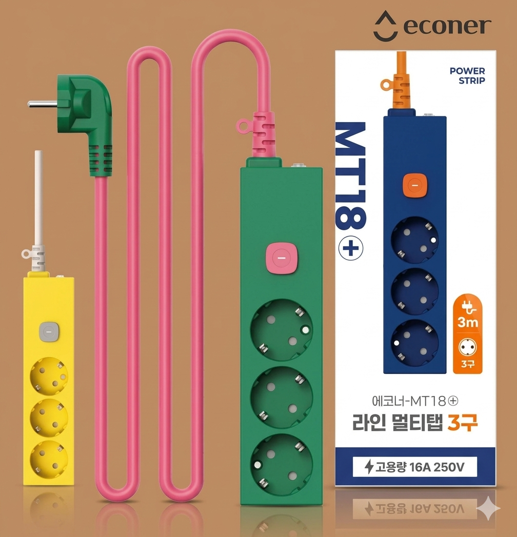에코너 멀티탭 고용량 4000W 3구 4구 5구 1.8m 3m 과부하차단 누전차단 에어컨 멀티콘센트 - 상품 이미지