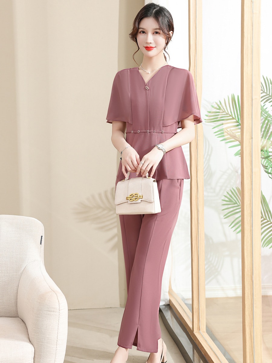 여성 여름 상하의 세트 케이프 반팔 블라우스 팬츠 투피스 로즈핑크, 3XL(60-68kg) 이미지 6