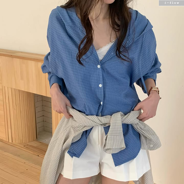 코머스 잔체크 오버핏 후드넥 셔츠 3col 봄 여름 아우터 루즈핏 블라우스 버튼 제이플로우 - 상세 이미지 3