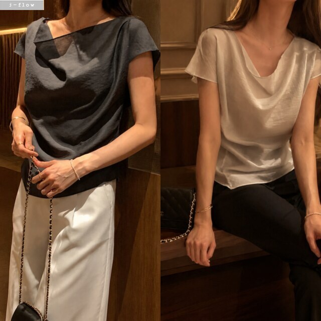 티엔 루즈 드레이프넥 텐셀 블라우스 3col 봄 여름 주름 클래식 반팔 고급미 제이플로우 - 메인 이미지