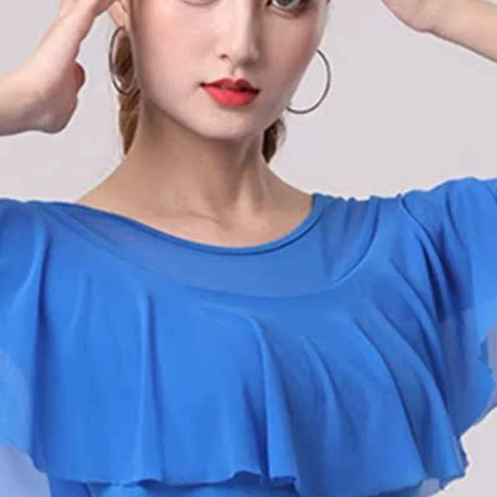 여성 라인댄스복 프릴 여성용 댄스 연습복 모던 볼룸 반팔 반팔 상의 - 상품 이미지