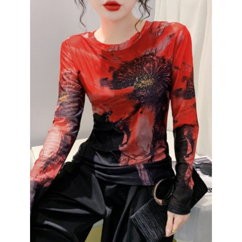 여성 라틴댄스복 상의 봄 라인댄스 무대의상 플라워 레드 메쉬 레이어 탑 4XL - 상세 이미지 2