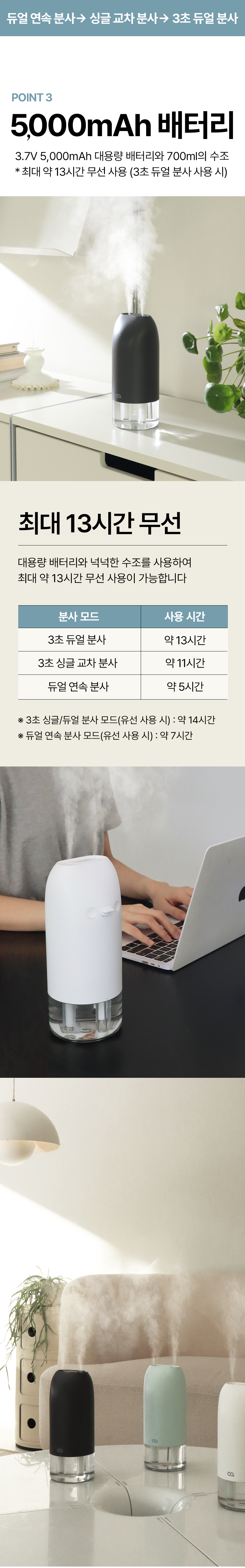 오아 듀얼미스트맥스 무선 미니 가습기 충전식 휴대용 소형 사무실 책상 탁상용 차량 통세척 상세 이미지 15