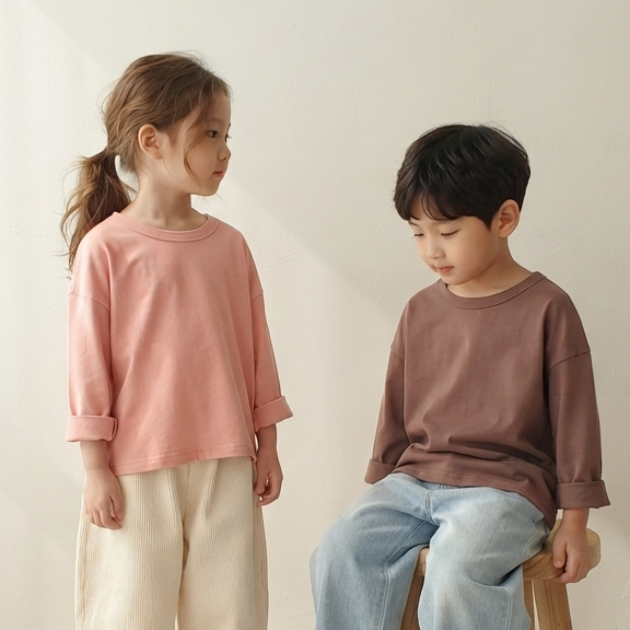 유아 아기 봄 가을 티셔츠 남아 여아 공용 데일리 무지 기본 크리미 박스티 - 상품 이미지