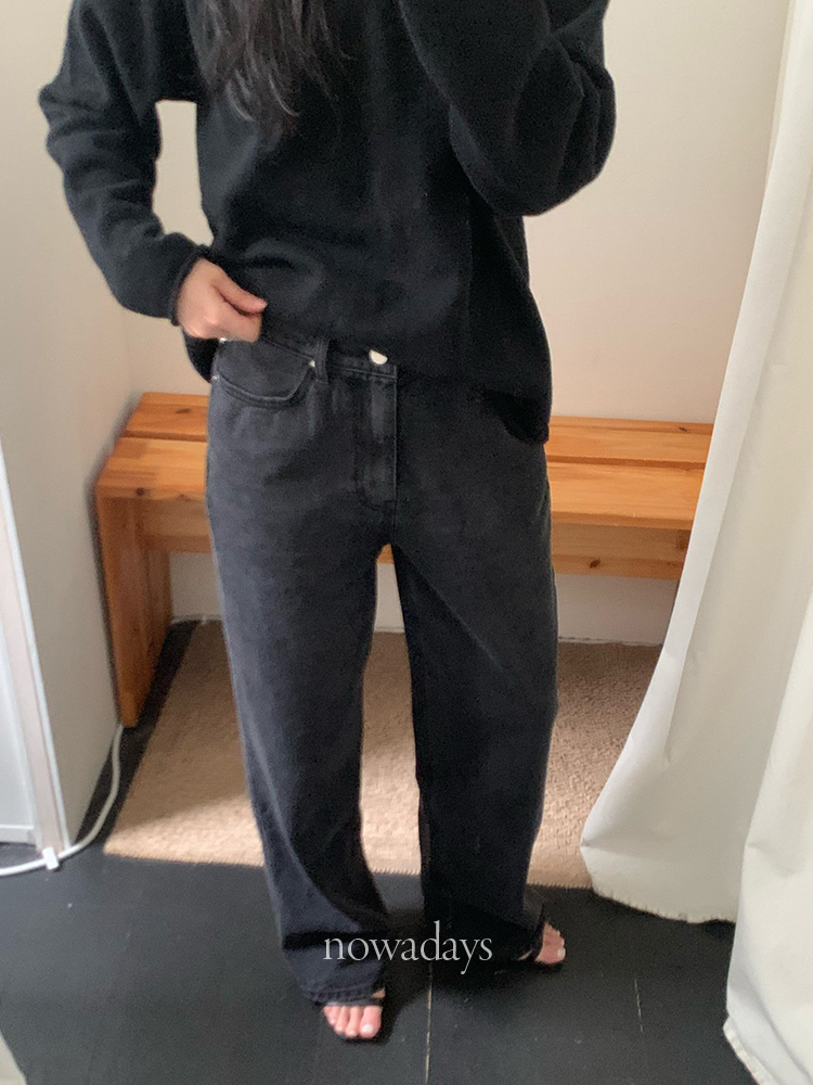 Flannel-lined black denim pants, cotton wide-leg trousers