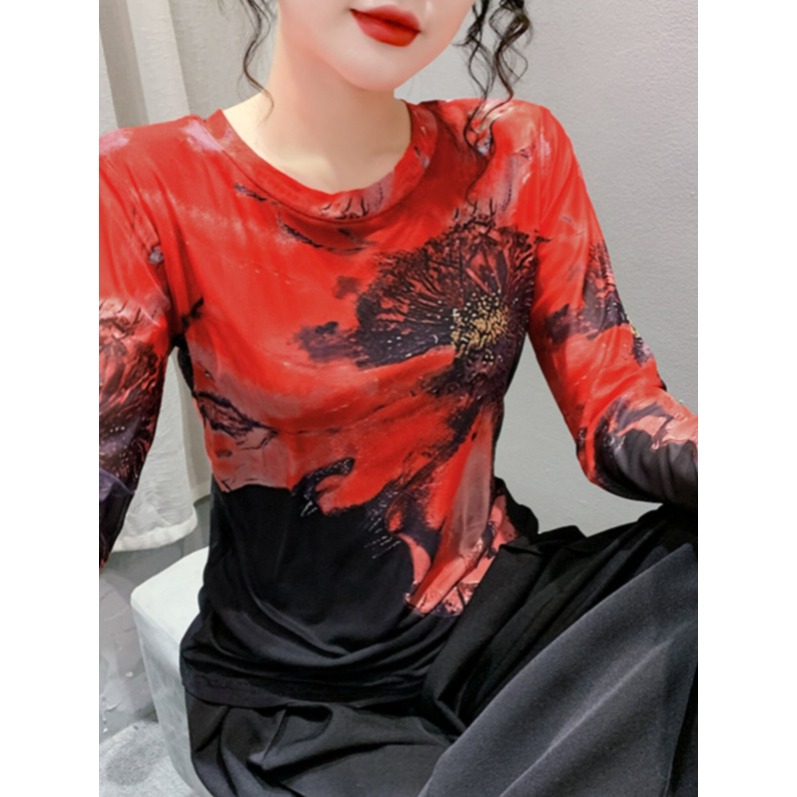 여성 라틴댄스복 상의 봄 라인댄스 무대의상 플라워 레드 메쉬 레이어 탑 4XL - 상세 이미지 4