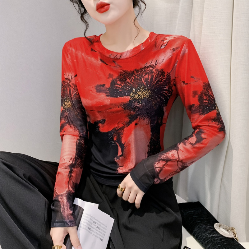 여성 라틴댄스복 상의 봄 라인댄스 무대의상 플라워 레드 메쉬 레이어 탑 4XL - 상품 이미지