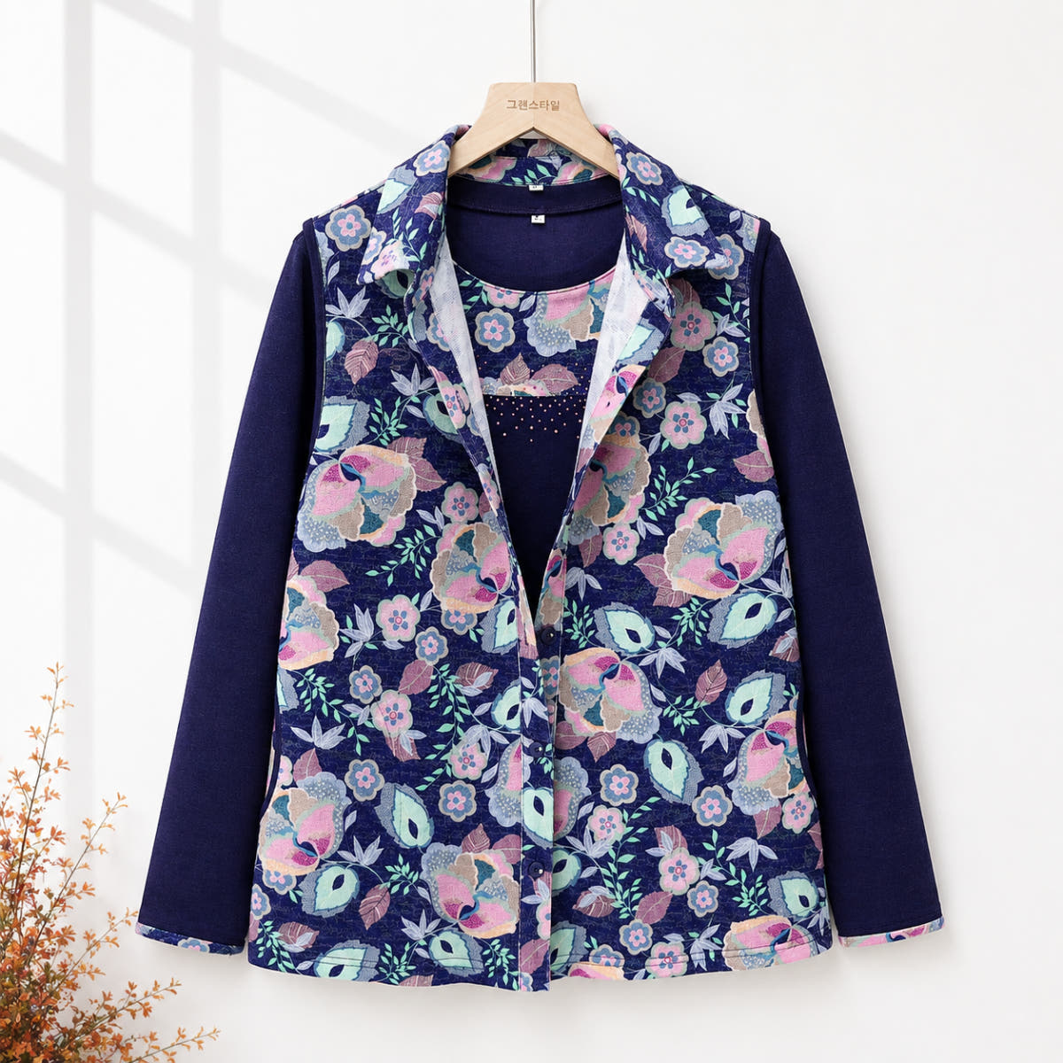 그랜스타일 할머니옷 채화꽃조끼set 곤색 긴팔티셔츠