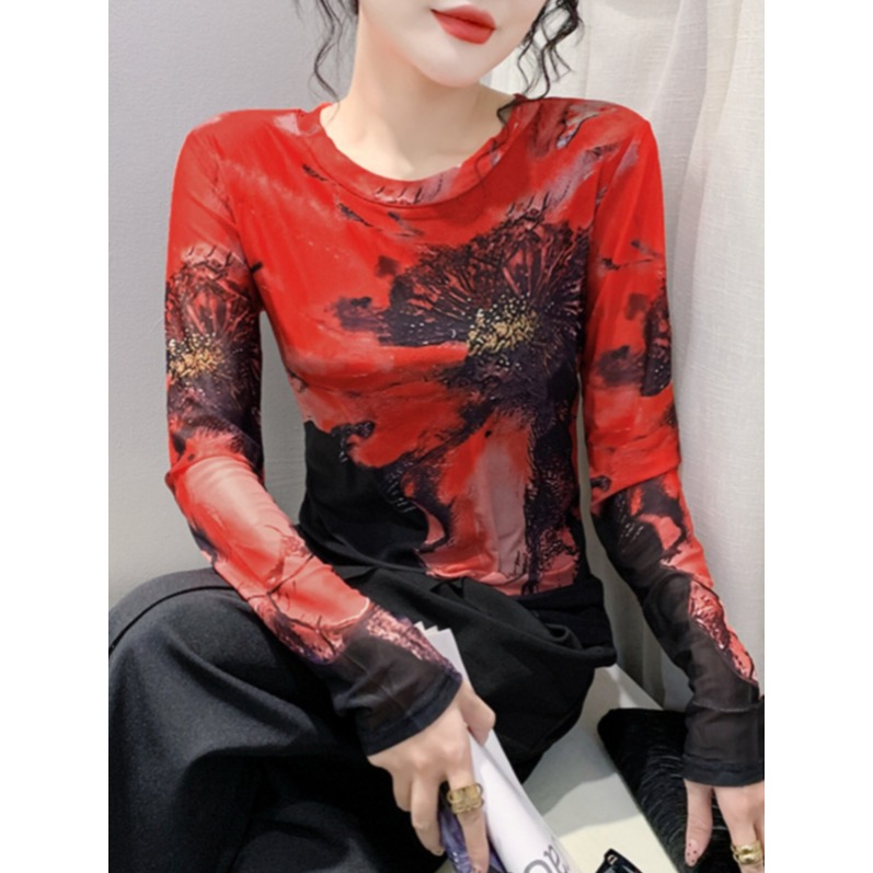 여성 라틴댄스복 상의 봄 라인댄스 무대의상 플라워 레드 메쉬 레이어 탑 4XL - 상세 이미지 3