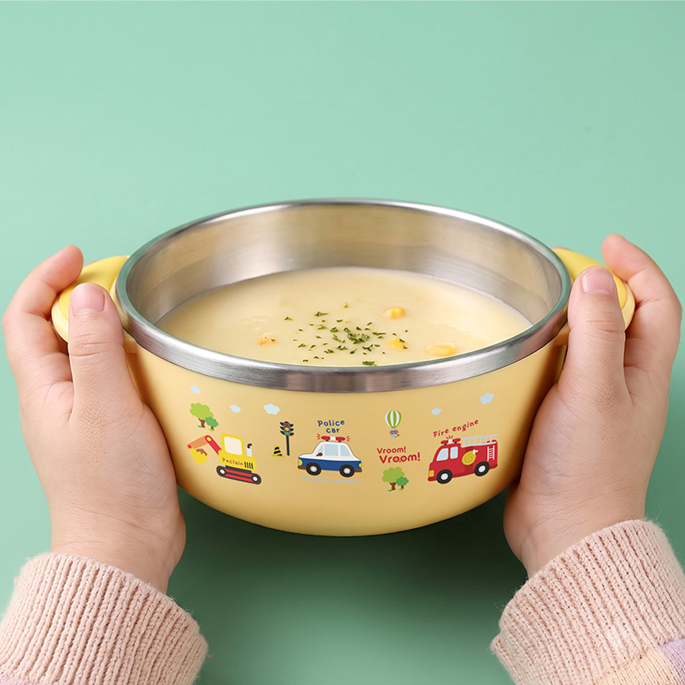 키친유 부릉부릉 논슬립 스텐 대접 옐로우 유아 국그릇 아기그릇 키즈 이유식 어린이집 식기 - 상세 이미지 4