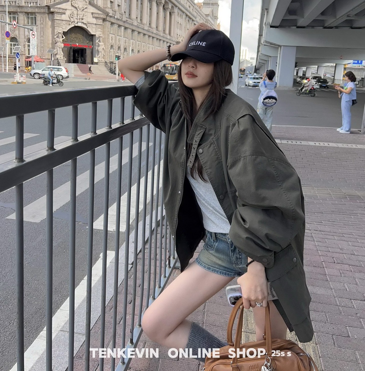 Tenkevin 워크웨어 트렌치 하이넥 루즈핏 하프 야상자켓 - 상품 이미지