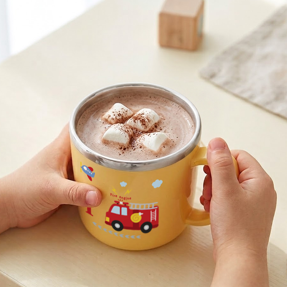 키친유 부릉부릉 스텐 논슬립 한손컵 280ml 옐로우 자동차 캐릭터 물컵 어린이집 양치컵 - 상세 이미지 5