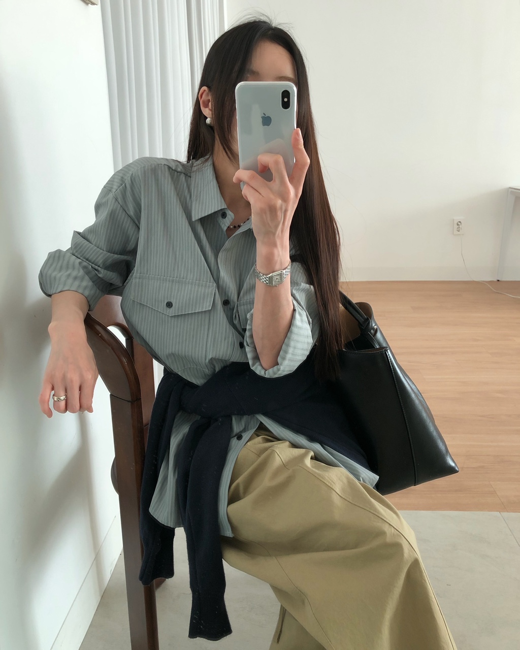 안터 여성 가을 오버핏 루즈핏 스트라이프 포켓 셔츠 - 상세 이미지 3