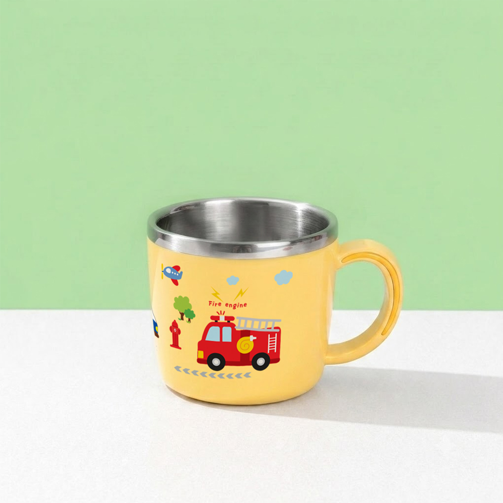 키친유 부릉부릉 스텐 논슬립 한손컵 280ml 옐로우 자동차 캐릭터 물컵 어린이집 양치컵 - 상품 이미지
