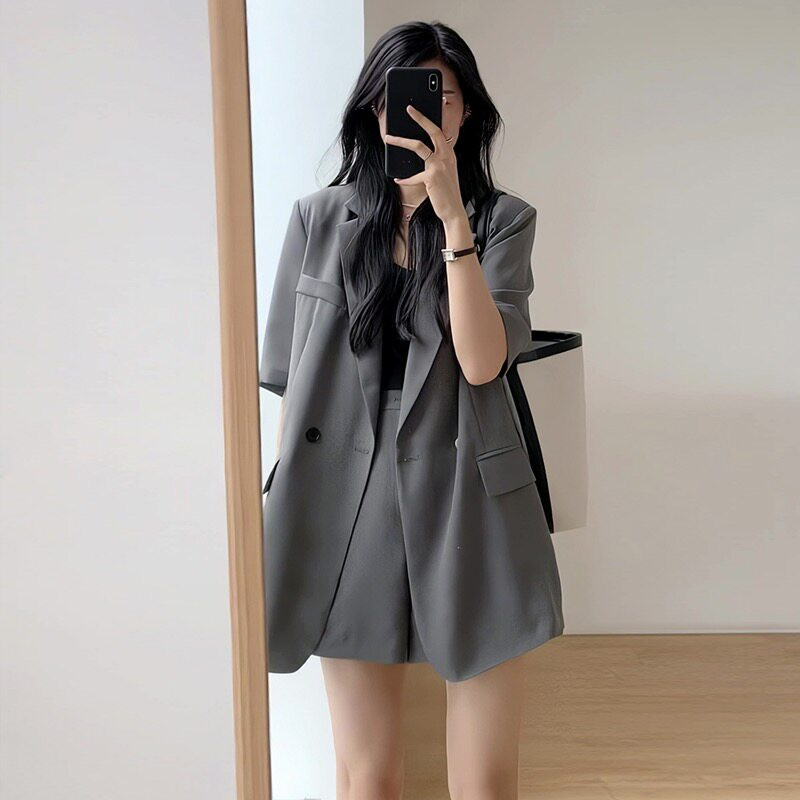 여성 여름정장 세트 반바지 셋업 세미 수트 반팔 직장인 오피스룩 투피스 그레이 S~XL - 상세 이미지 5