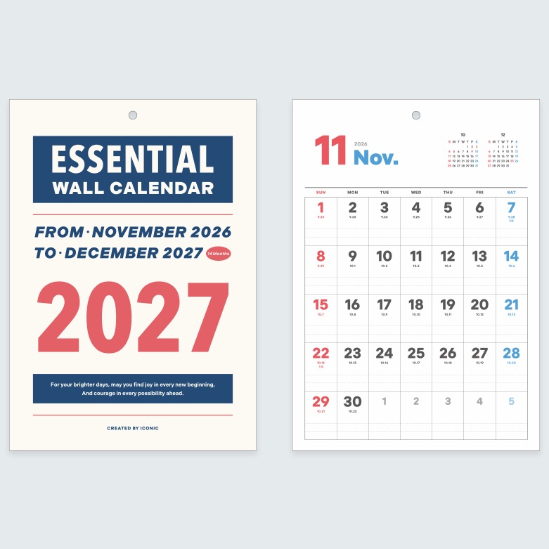 2027년 벽걸이달력 A4 낱장 27년 벽달력 음력 절기 떡제본 캘린더 - 상세 이미지 2