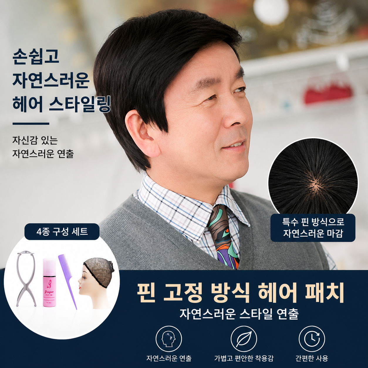 남성 중년 가발 자연스러운 100%인모 항암가발 이미지 6