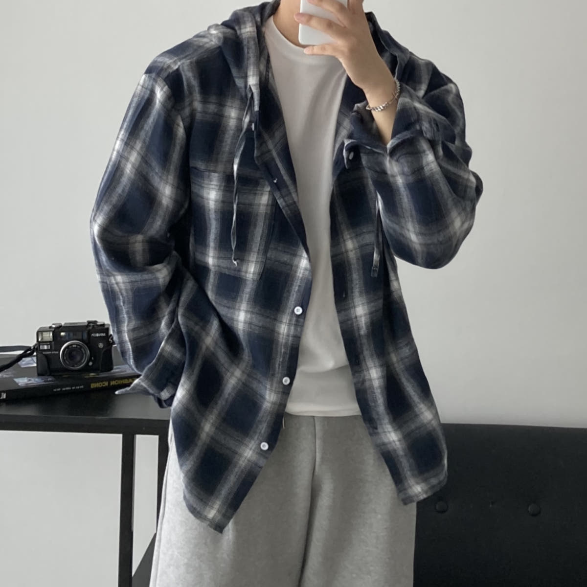 헤세드옷장 남자셔츠 타탄체크 후드
