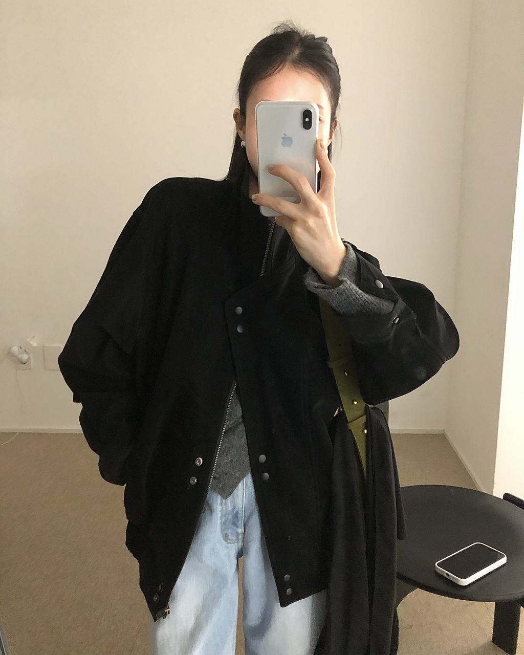스네 여성 가을 레더 오버핏 루즈핏 하이넥 자켓 - 상세 이미지 2