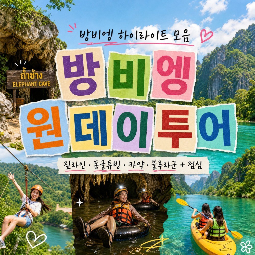 방비엥 원데이투어 짚라인·동굴튜빙·카약킹·블루라군1 체험 - 상품 이미지