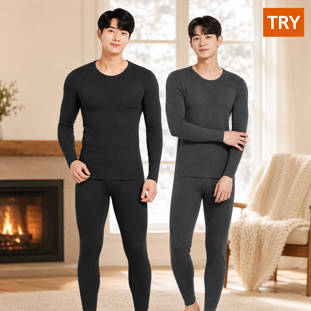 트라이 발열 남자 내복 기모 남성 내의 성인 겨울 보온 방한 상의 하의 세트 히트업 - 상품 이미지