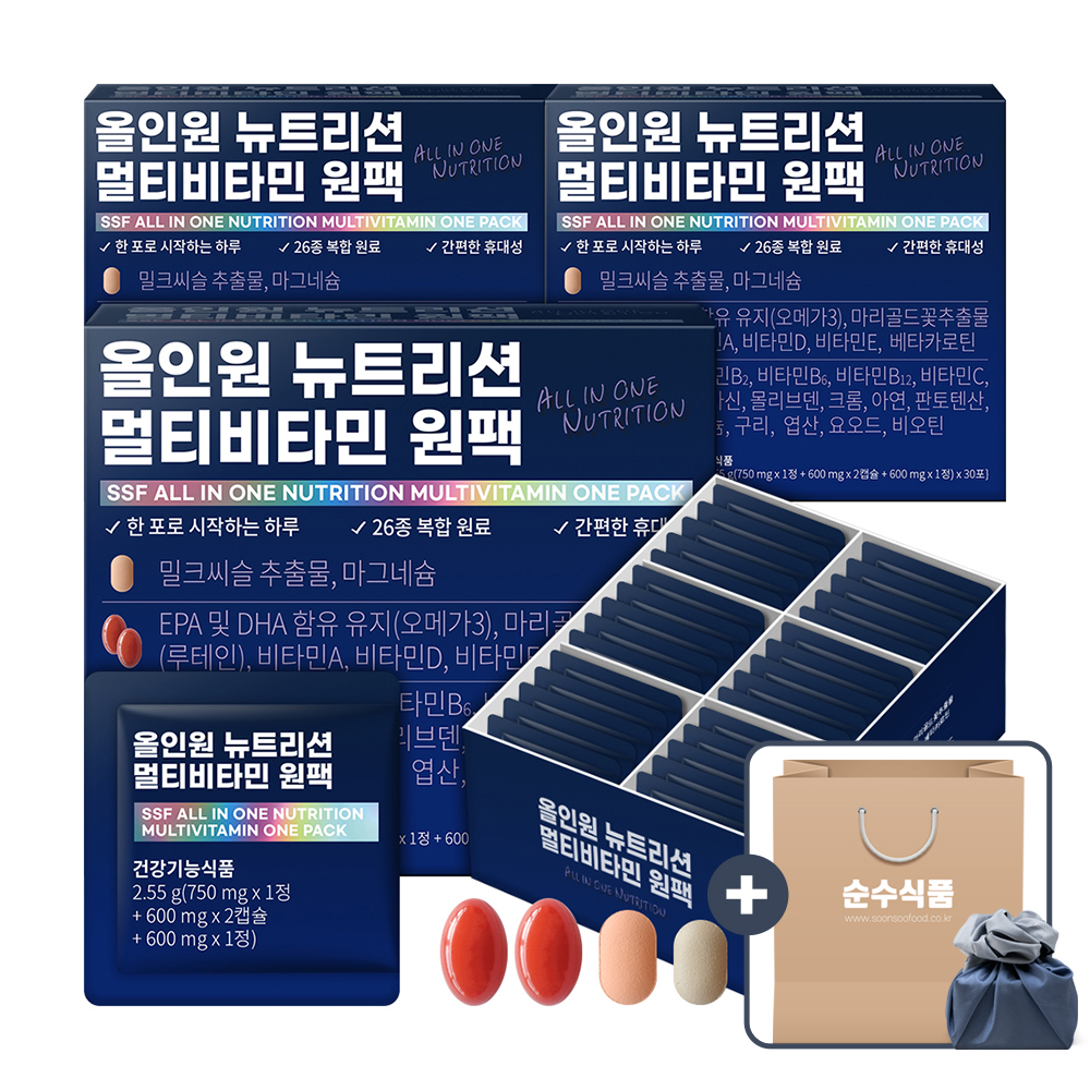 [종합비타민+밀크씨슬+루테인+알티지오메가3]순수식품 올인원 뉴트리션 멀티비타민 원팩 3박스 - 상품 이미지
