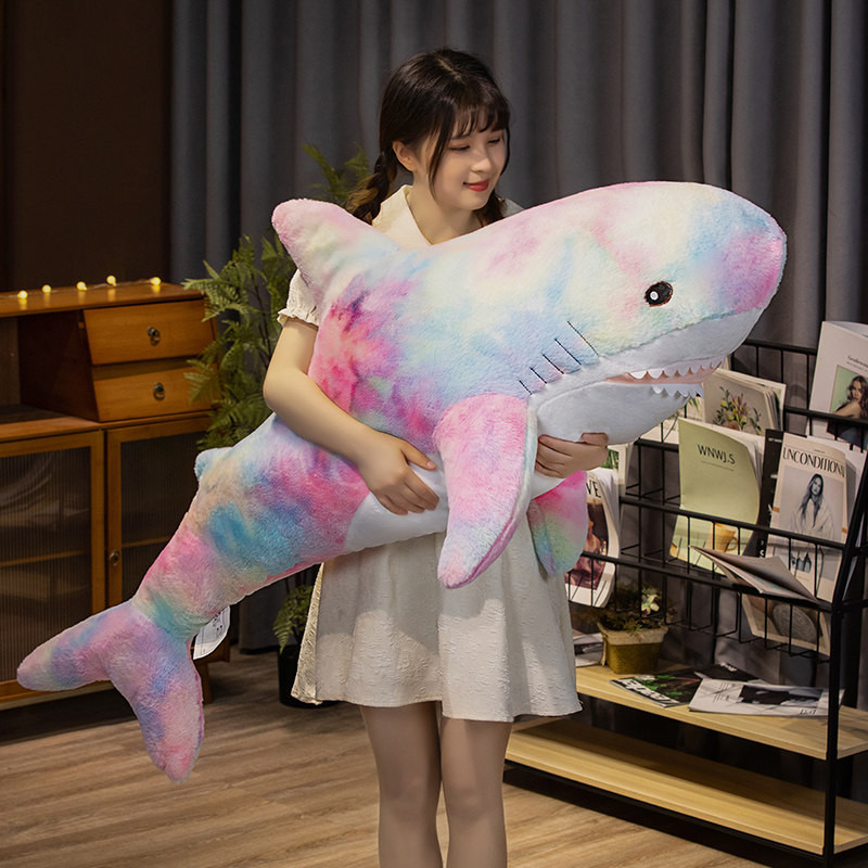 레인보우 컬러풀 대형 상어 인형 껴안는 롱 바디필로우 물고기 쿠션 80cm - 상세 이미지 4
