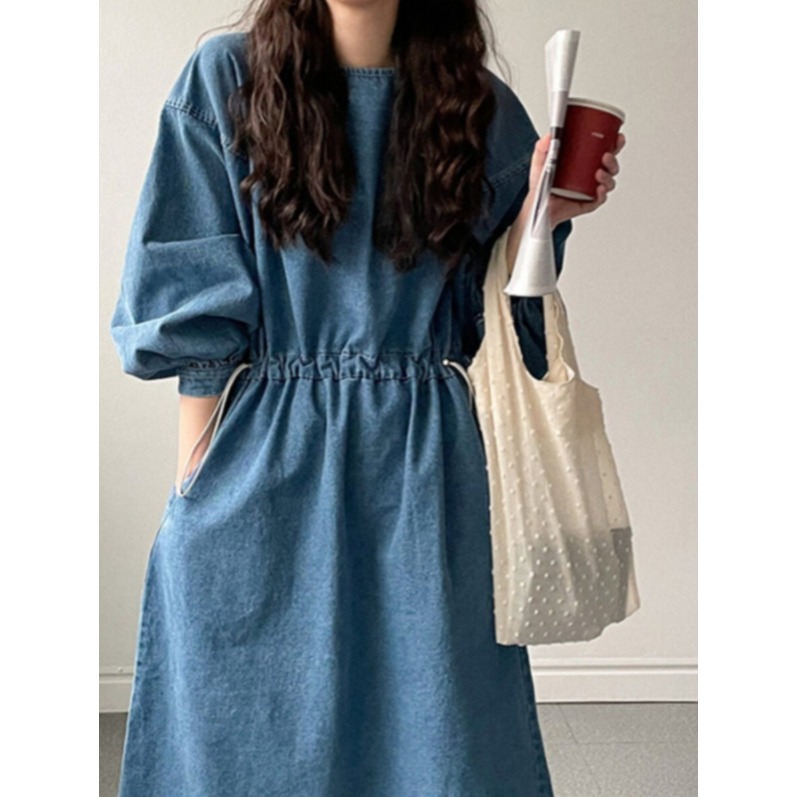 데님 원피스 여성 긴팔 라운드넥 루즈핏 캐주얼 드로스트링 롱 빅사이즈 봄 가을 플레어 - 상세 이미지 2