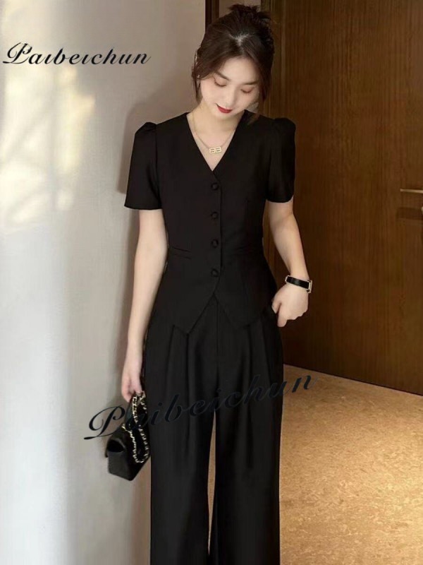 여성 슬림핏 정장 투피스 세트 여름 반팔 와이드 팬츠 셋업 40대 그레이 L 47.5-55kg - 상세 이미지 5