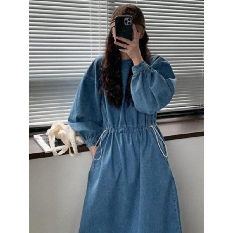 데님 원피스 여성 긴팔 라운드넥 루즈핏 캐주얼 드로스트링 롱 빅사이즈 봄 가을 플레어 - 상세 이미지 3