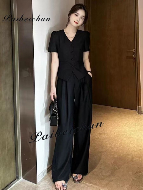 여성 슬림핏 정장 투피스 세트 여름 반팔 와이드 팬츠 셋업 40대 그레이 L 47.5-55kg - 상세 이미지 4