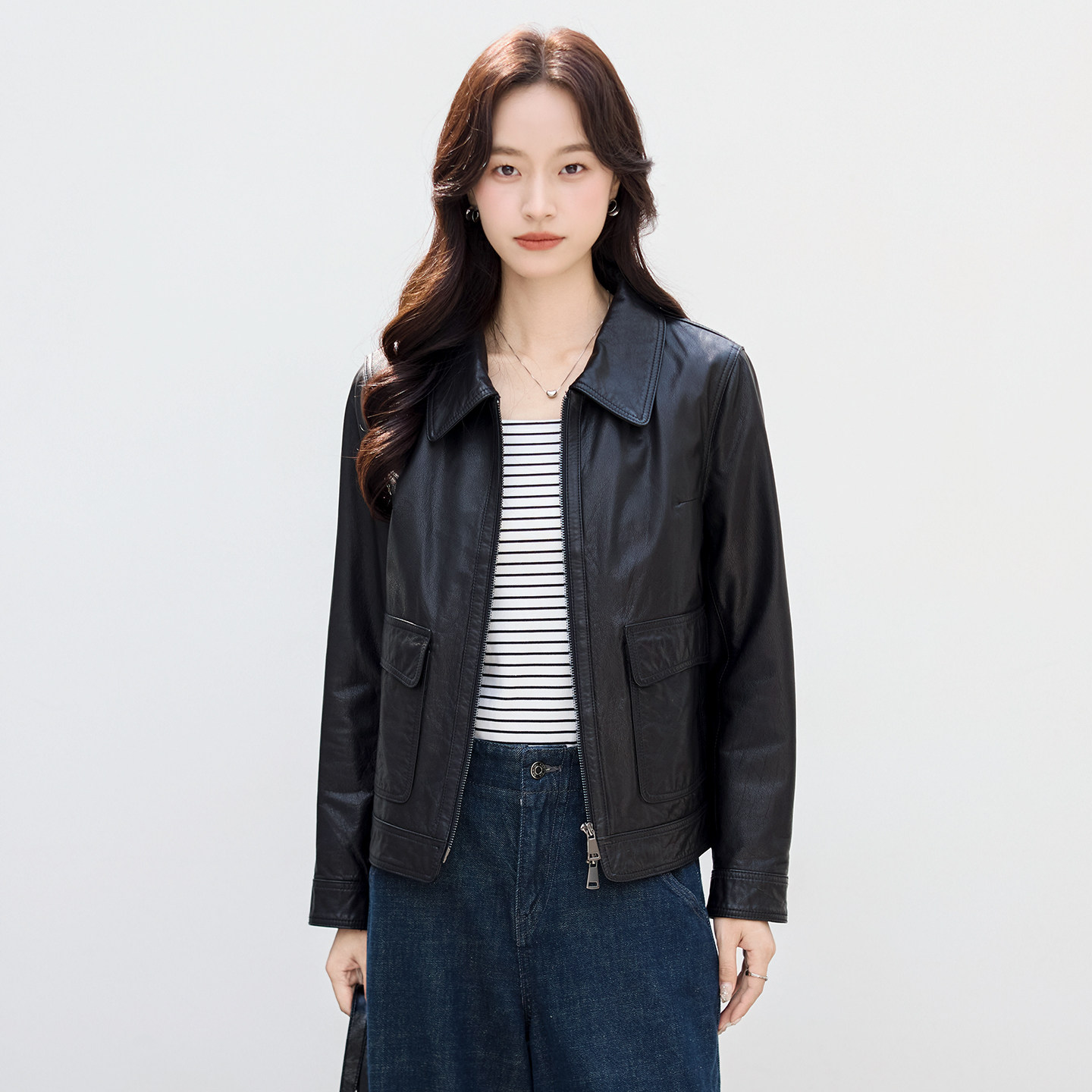 여성가죽자켓 천연 소가죽 자켓 여성 하프 라이더 점퍼 블랙 M - 상세 이미지 5
