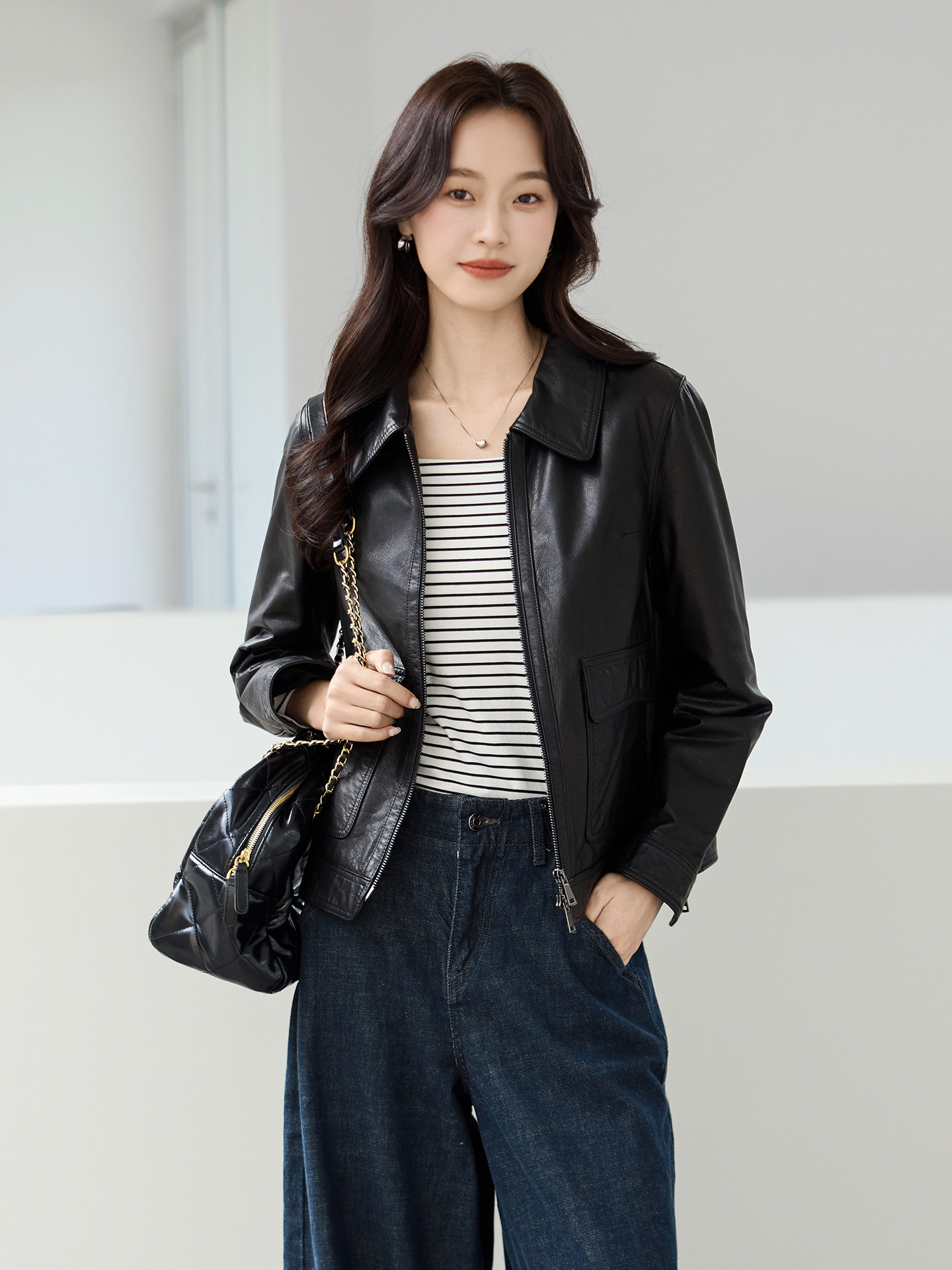여성가죽자켓 천연 소가죽 자켓 여성 하프 라이더 점퍼 블랙 M - 상품 이미지