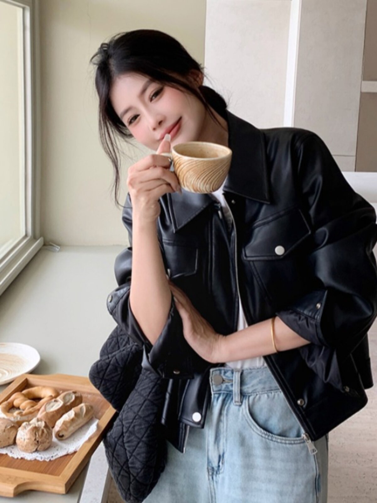 여성가죽자켓 페이크 레더 점퍼 빅사이즈 루즈핏 라이더 재킷 블랙 L - 상세 이미지 4