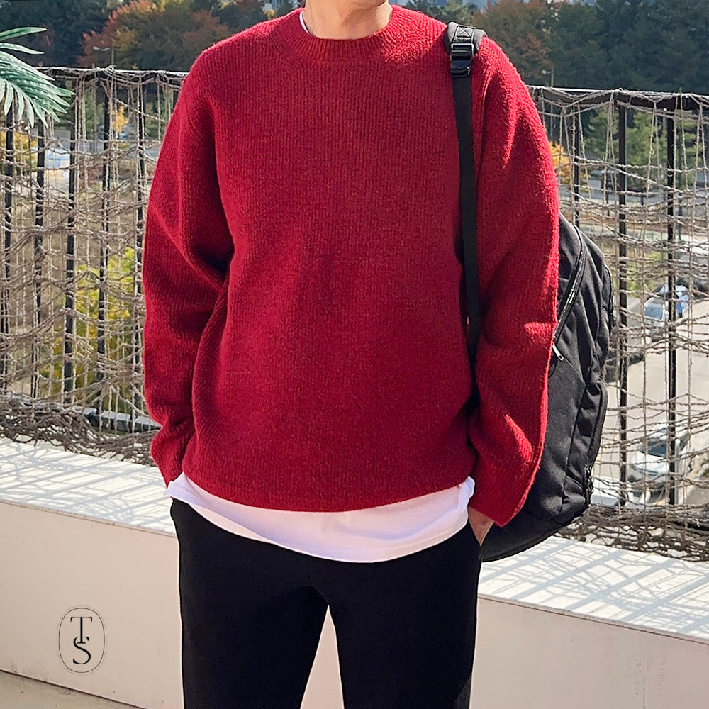션타운 남자니트 두꺼운 캐시미어 오버핏 레드 빨간 스웨터 - 최저가 38,000원